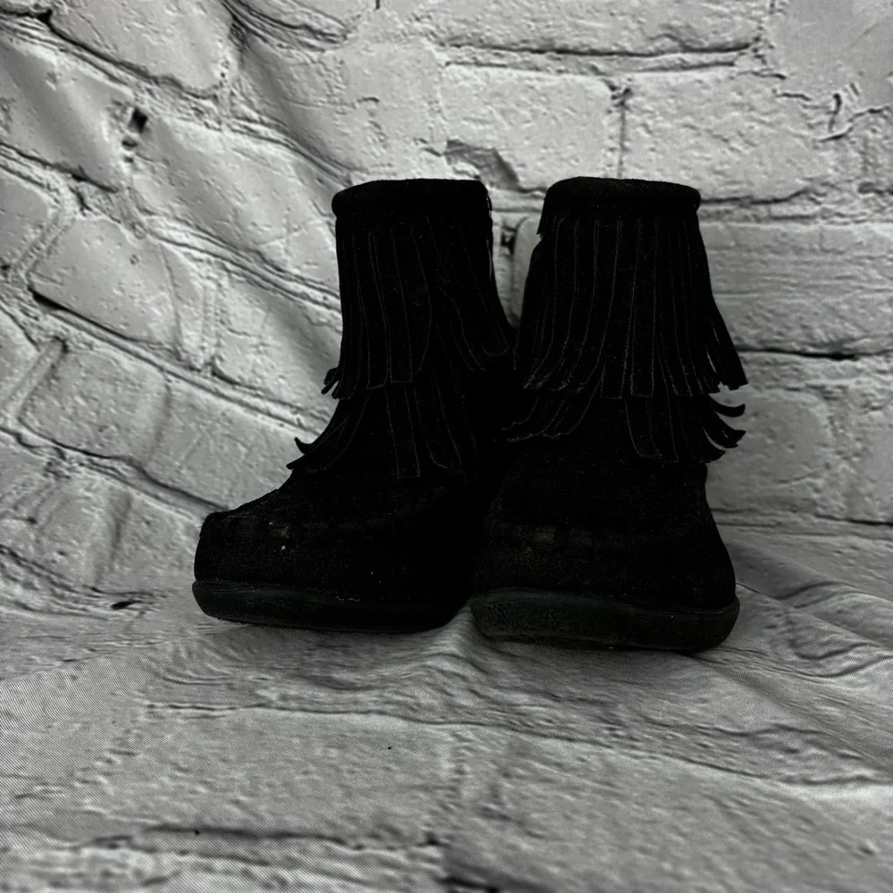 Little Girl Black Faux Suede Hippie Indie Boho Fringe Moccasin Zip Up Boots Sz 5
